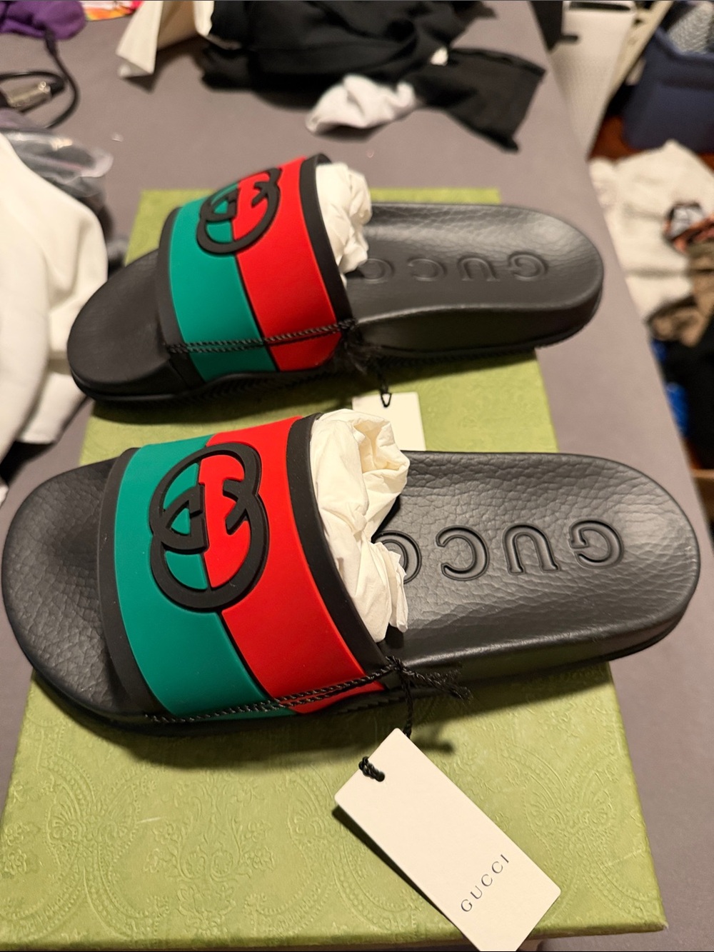 Gucci Black Slides with Red and Green Logo Strap - Picture 4 of 6